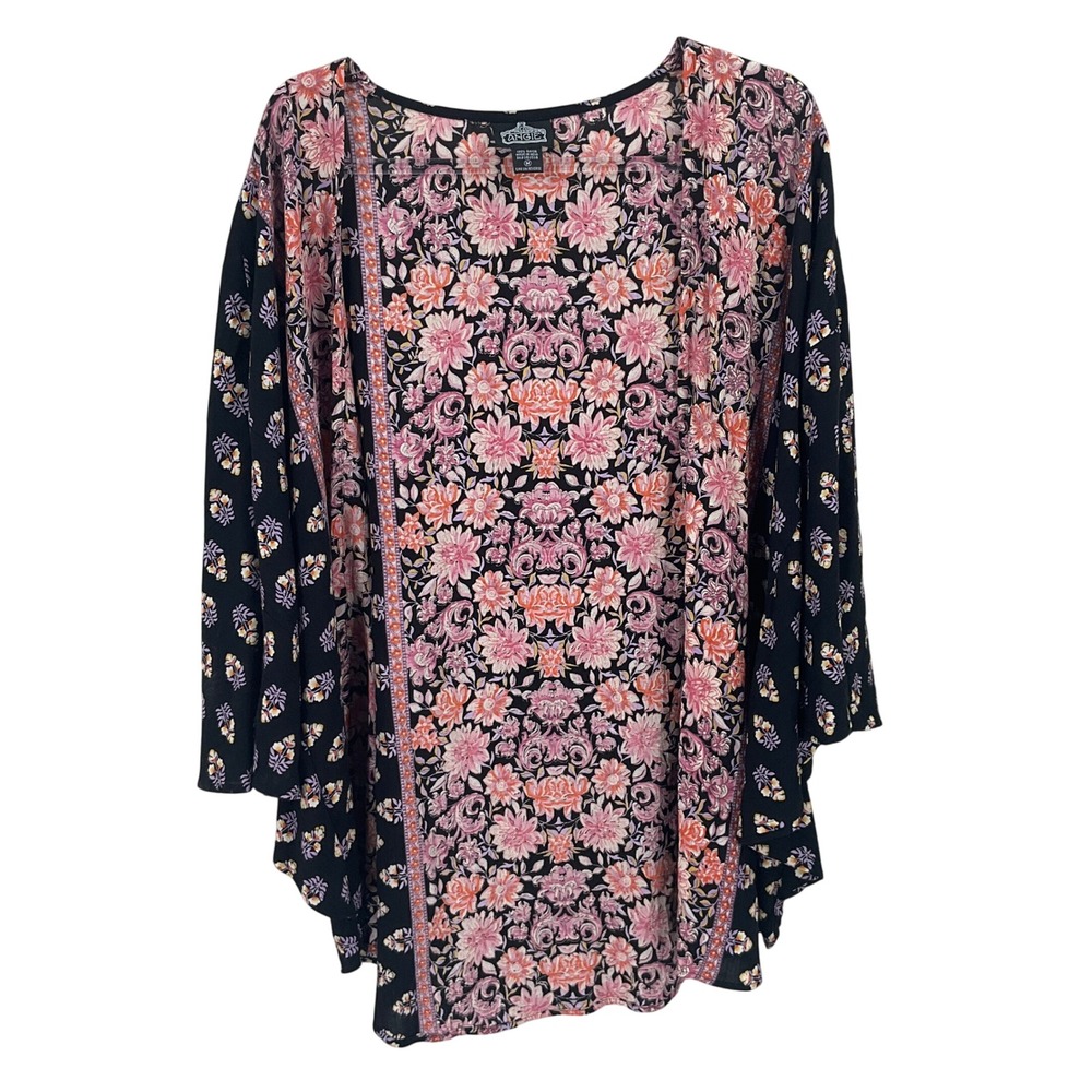 Angie Kimono Cardigan Women Size M Black Floral Boho Festival Open Front Layer